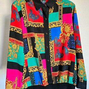 Royal Patterned Button Down Women's Blouse, Size 10, 90s Colorful Statement Top